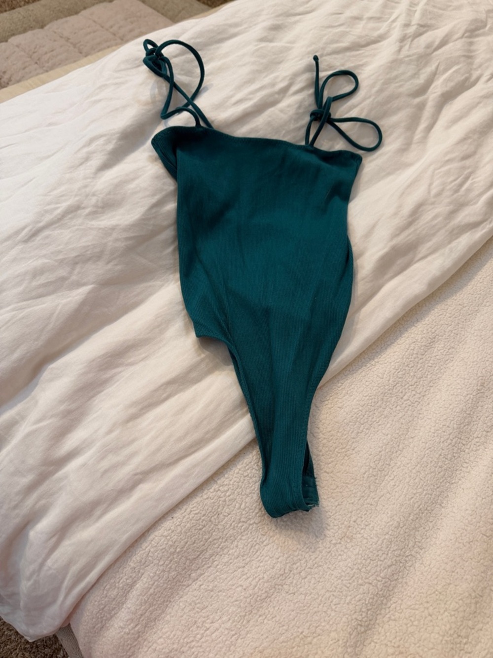 Muse Teal Ribbed One-Piece Bodysuit with Tie Shoulder Straps